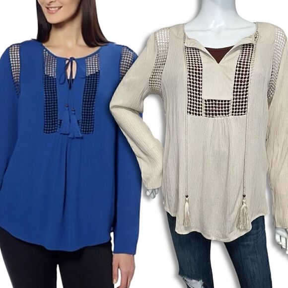 Joseph A Tops - BOHO Embroidered Peasant Top Taupe Beige Tan Crepe Joseph A. Sz S